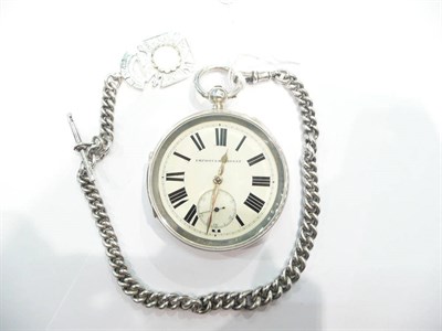 Lot 246 - A silver open faced pocket watch, silver watch chain and silver medal