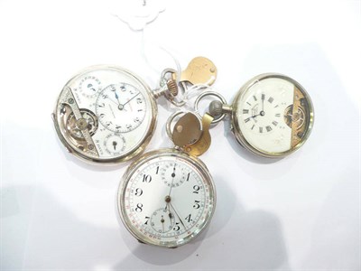 Lot 248 - A single push chronograph pocket watch stamped '925', a 8 day pocket watch with calendar...