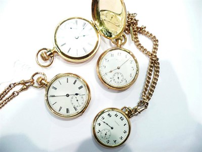 Lot 249 - Four gold plated pocket watches and two gold plated chains (6)