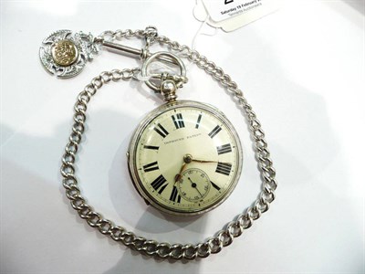 Lot 250 - A silver open faced pocket watch, silver watch chain and silver medal