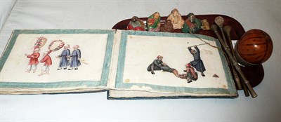 Lot 260 - A quantity of Chinese paintings on rice paper, bound, three bombilla's, five Oriental figures etc