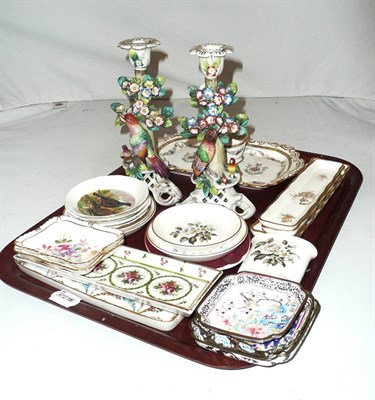 Lot 264 - Tray of ceramics including 'bird' candlesticks, pen trays etc