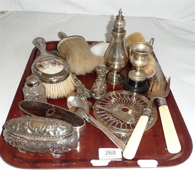 Lot 268 - A quantity of silver and white metal including dressing table items, fish slice and fork, large...