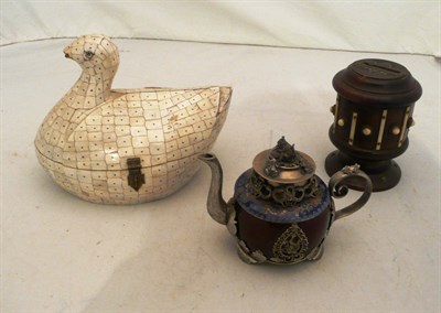 Lot 275 - Chinese wine pot, Victorian money box and a mother-of-pearl bird box