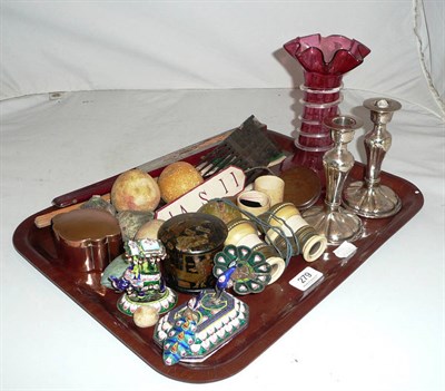 Lot 279 - A tray of miscellania including cranberry vase, candlesticks, etc