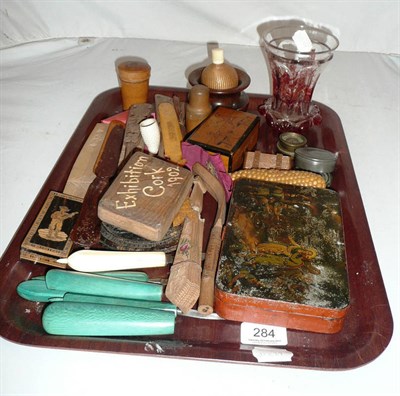 Lot 284 - A tray of collectors items and a Bohemian red overlay vase