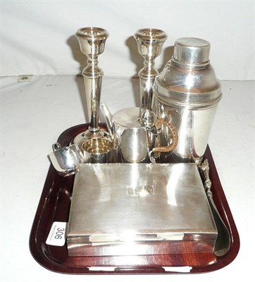 Lot 306 - A silver cigarette box, pair of silver candlesticks, plated miniature coffee service, cocktail...