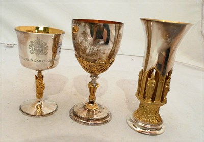 Lot 326 - Three boxed silver commemorative goblets with gilt decoration