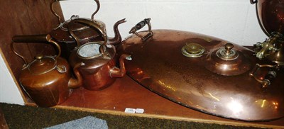 Lot 348 - A copper and brass Samovar, three kettles, a bed warmer and a large copper bound water jug