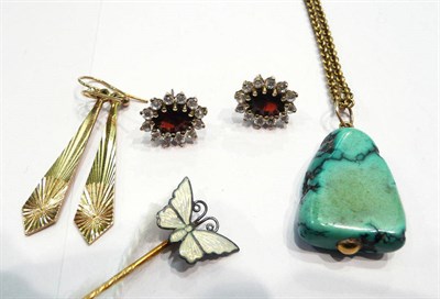 Lot 361 - An enamelled butterfly pin, cased by David Andersen, two pairs of earrings and a turquoise...