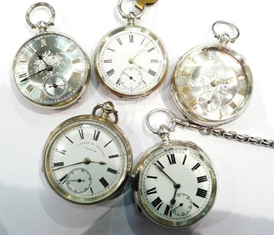 Lot 374 - Four silver pocket watches, one silver plated chain and a open faced pocket watch stamped...