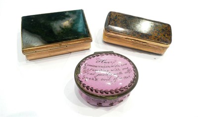 Lot 380 - An oval enamel patch box and two hardstone snuff boxes (3)