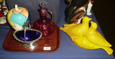 Lot 391 - Yellow partridges table centrepiece, Victorian ruby glass decanter, signed hand-painted Art...