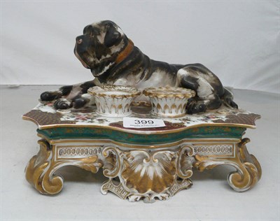 Lot 399 - Jacob Petit porcelain inkstand with recumbent mastiff