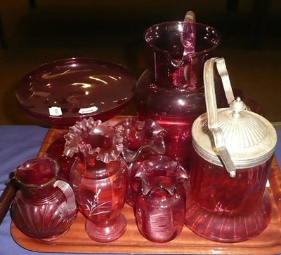 Lot 408 - Tray including Victorian and later cranberry glassware etc