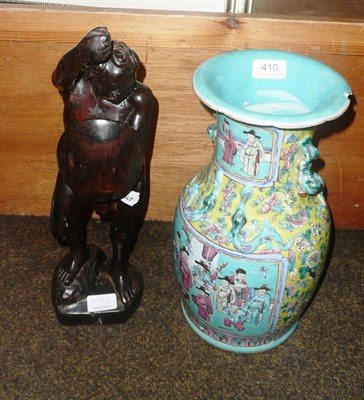 Lot 410 - Oriental wood figure (signed) and a Chinese vase