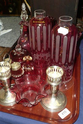 Lot 415 - Tray of assorted cranberry glassware, cruet set, two coloured glass shades, pair of sterling silver