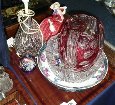 Lot 428 - Cut glass table lamp, Royal Doulton figure 'Autumn Breezes', Losol ware large bowl, cut glass...