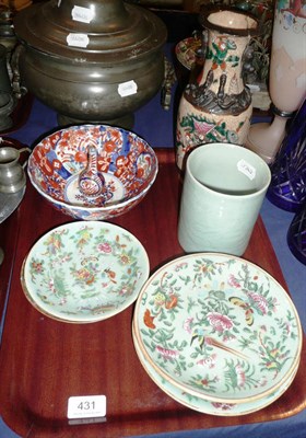 Lot 431 - Cantonese dish, Japanese Imari bowl, three dishes, miniature Japanese Imari vase, cylindrical...