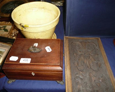 Lot 435 - 19th century mahogany casket, a carved oak panel "The Green Man', decoupage planter and stand...