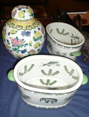 Lot 438 - Pair of modern Chinese planters and a modern ginger jar and cover