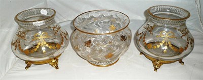 Lot 443 - Pair of gilt glass vases (one a.f.) on metal stands and another glass bowl