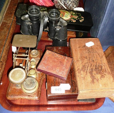 Lot 445 - Tray including a set of postal scales, papier-mache glove box with painted decoration, rosewood...