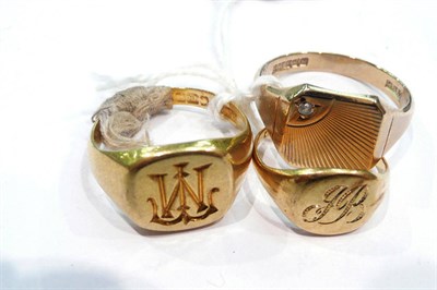 Lot 478 - An 18ct gold signet ring, another and a 9ct signet ring