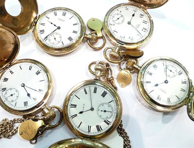 Lot 501 - Five gold plated pocket watches and two gold plated watch chains (7)