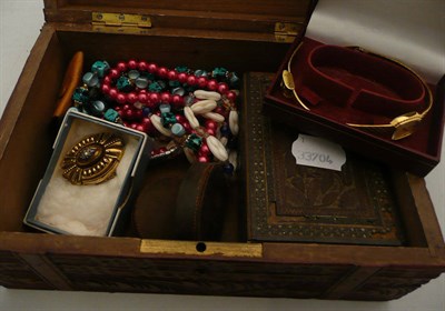 Lot 506 - Victorian gold brooch, gilt Rotary wristwatch, costume jewellery, etc in a 1910 Swiss carved wooden