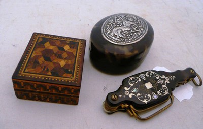 Lot 513 - Miniature Tunbridgeware box, miniature tortoiseshell pince-nez and a tortoiseshell and silver box