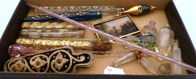 Lot 518 - A box of glass scent vials, a glass cat scent bottle etc