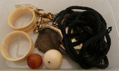 Lot 528 - Gold ring, a gold-mounted tooth, mesh purse, beads, napkin rings, a French silver dish, etc