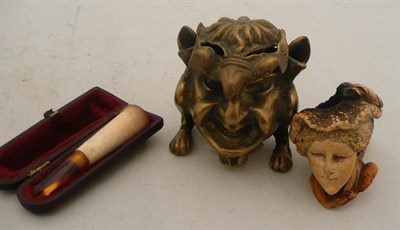 Lot 530 - Meerschaum pipe, gargoyle inkwell and a cheroot holder