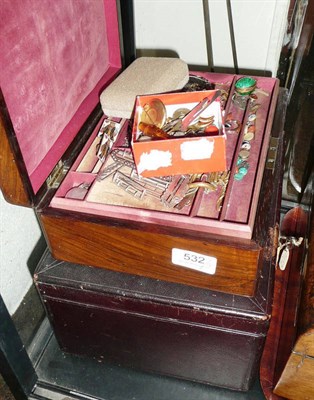 Lot 532 - Two jewellery boxes including contents, assorted buckles, brooches, stone set jewellery etc