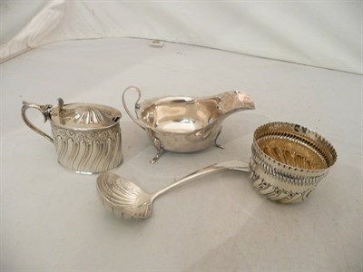 Lot 569 - Mustard pot, J Dixon & Sons, Sheffield 1891 (a.f.), a sugar bowl, and George lll Irish silver sauce