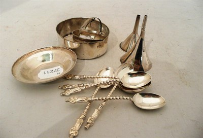 Lot 574 - Two silver funnels, two strainers, Scottish pin dish and six apostle teaspoons