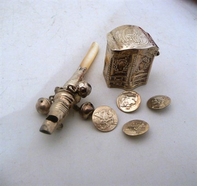 Lot 580 - 19th century Dutch peppermint box, Victorian rattle, and four Etruscan style buttons, 1900