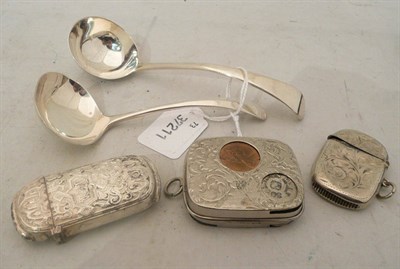 Lot 587 - Two cream ladles, one Smith & Fearn, London 1789, a coin holder, and two vesta vases