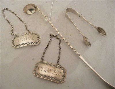 Lot 591 - Two George III wine labels, a pair of sugar tongs and a lemonade spoon