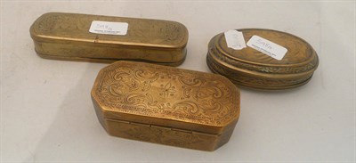 Lot 598 - Three 18th century Dutch brass tabacco boxes