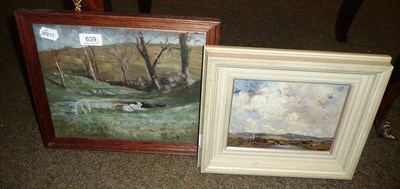 Lot 639 - 20th century framed oil on board, landscape, signed Elliott, together with another oil, lambs,...