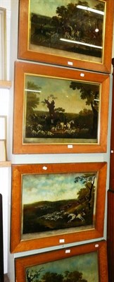 Lot 640 - Set of four maple framed reverse prints on glass of hunting scenes