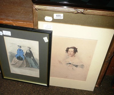 Lot 655 - A gilt framed watercolour of a young lady, pair of unframed portraits and a framed fashion print