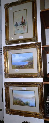 Lot 669 - Pair of watercolours by Douglas Cooper of coastal scenes and a watercolour by C Jones of ships (3)