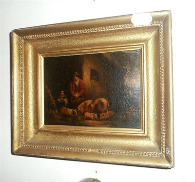 Lot 671 - Oil on board after Morland - peasant and pigs