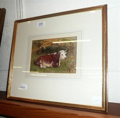 Lot 680 - Gilt-framed watercolour study of a cow