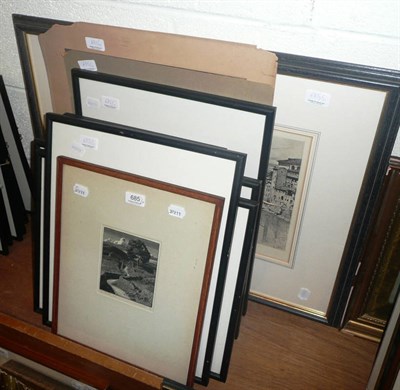 Lot 685 - Eight framed black and white etchings and two unframed black and white prints