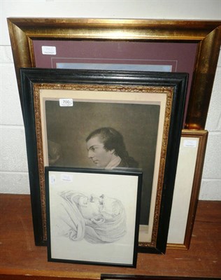 Lot 700 - Framed pencil sketch portrait of man, a framed black and white print of John Hamilton Mortimer...