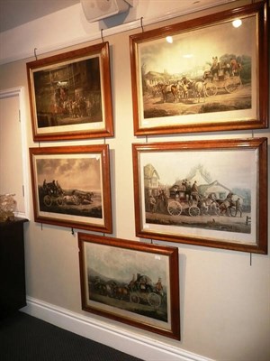 Lot 706 - Set of five 19th century coaching engravings in maple frames